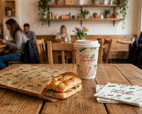 Sandwich, gobelet et serviettes aux couleurs du Café Planplan, disposés sur une table en bois dans l’ambiance chaleureuse du café.