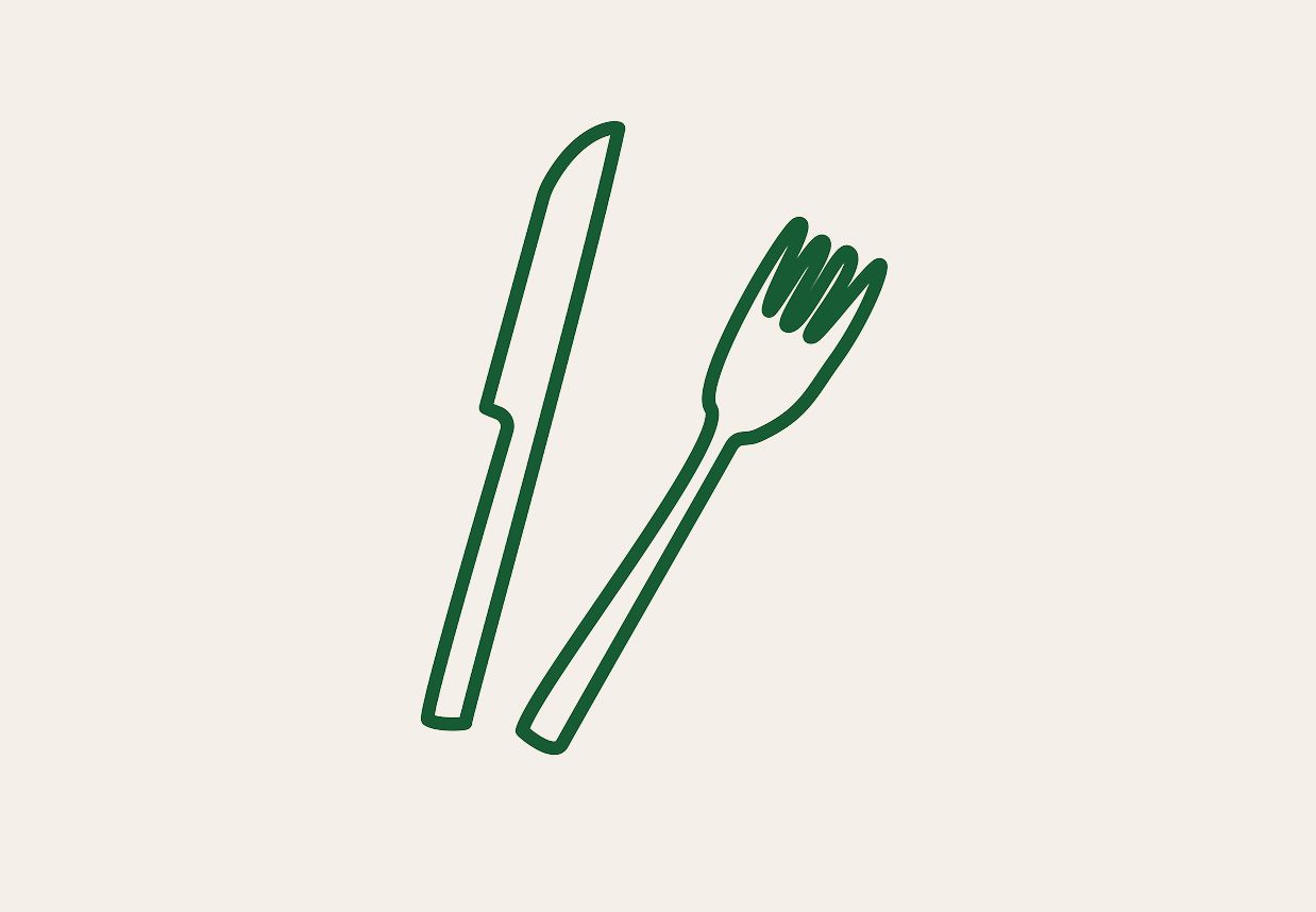 Illustration de couverts de l'identité visuelle Café Planplan faite à la main, vert sur fond beige.