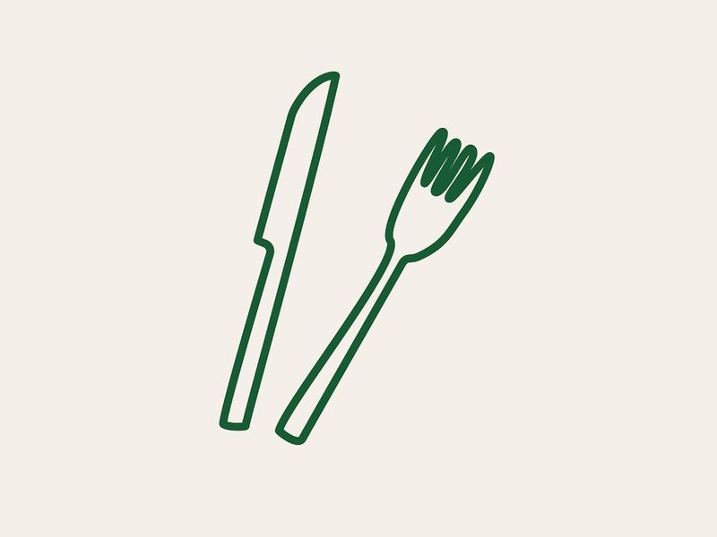Illustration de couverts de l'identité visuelle Café Planplan faite à la main, vert sur fond beige.