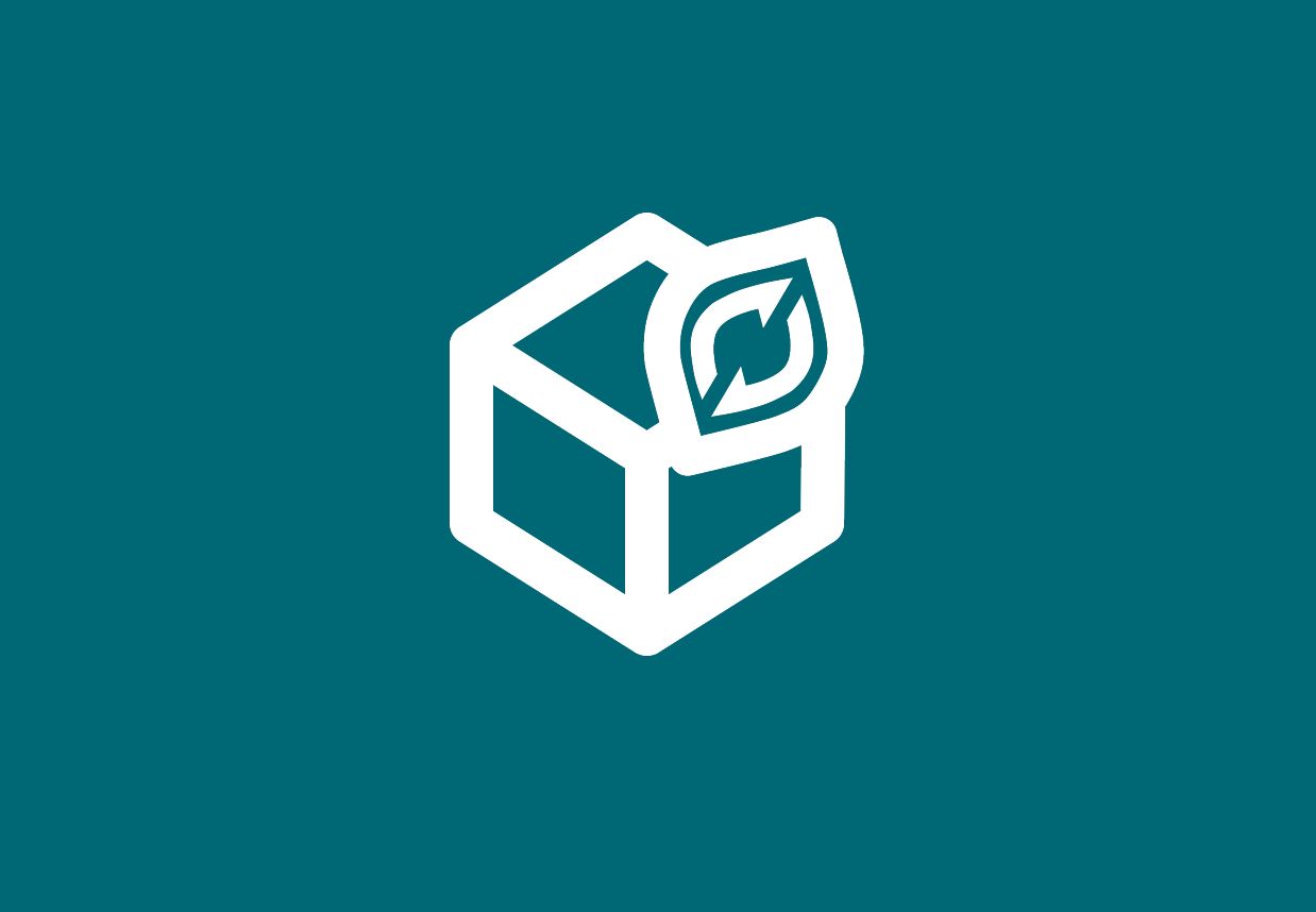 Illustration icon de l'identité visuelle Ecobox une boite avec une forme de feuille sur le dessus et des flèches qui circule en cercle à l'intérieur de la feuille.