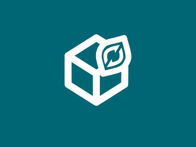 Illustration icon de l'identité visuelle Ecobox une boite avec une forme de feuille sur le dessus et des flèches qui circule en cercle à l'intérieur de la feuille.