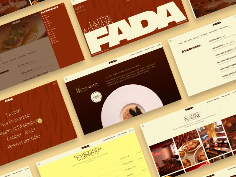 Présentation de plusieurs pages du site web du FADA, mettant en avant la carte, les événements, les privatisations, le restaurant et les informations pratiques.