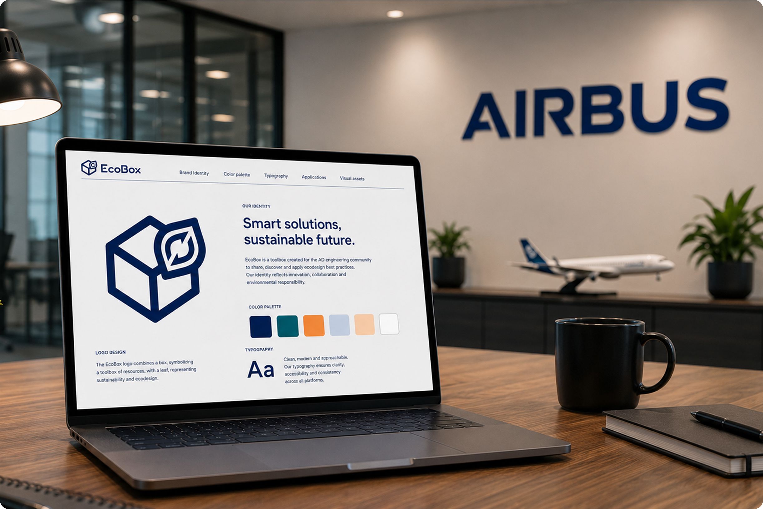 Ordinateur affichant l’identité visuelle d’EcoBox sur un bureau dans les locaux d’Airbus, avec le logo Airbus en arrière-plan.