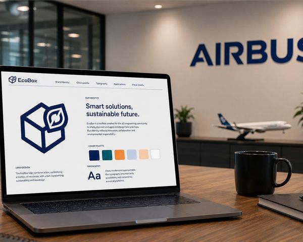 Ordinateur affichant l’identité visuelle d’EcoBox sur un bureau dans les locaux d’Airbus, avec le logo Airbus en arrière-plan.