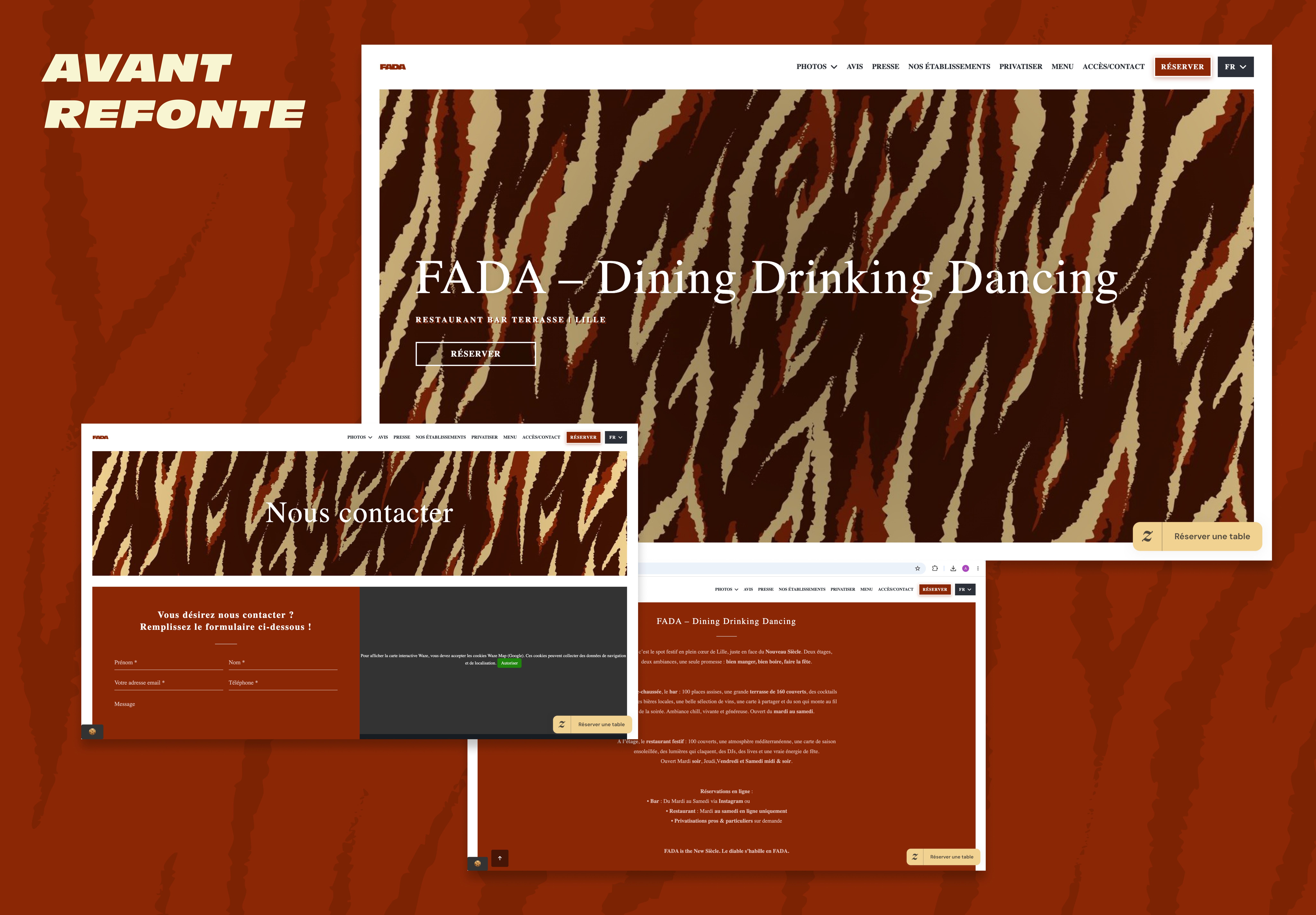 Plusieurs pages de l’ancien site du FADA avant refonte complète par Soora Digital.