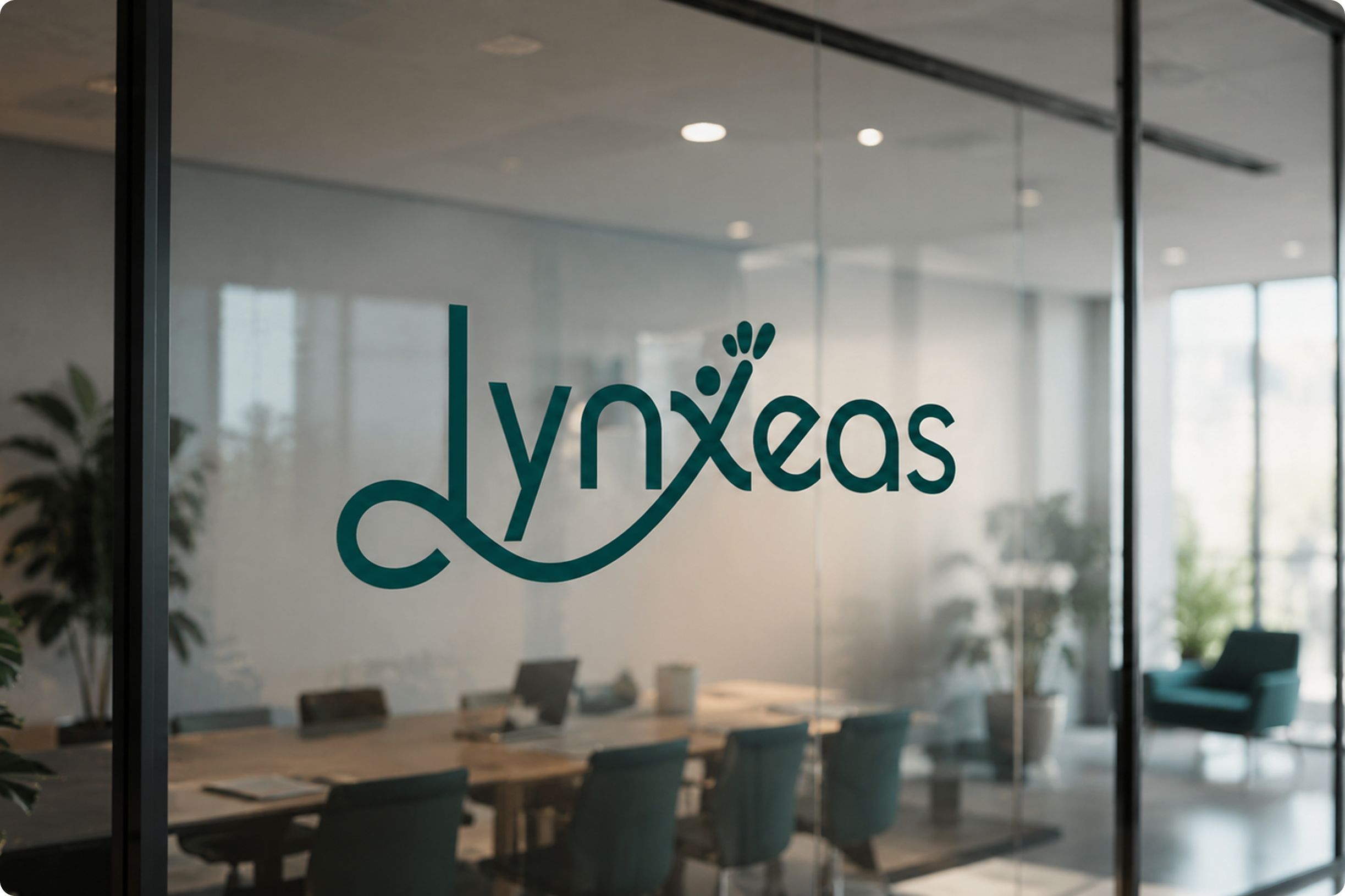 Logo de Lynxeas apposé sur la paroi vitrée d’une salle de réunion moderne aux tons verts.