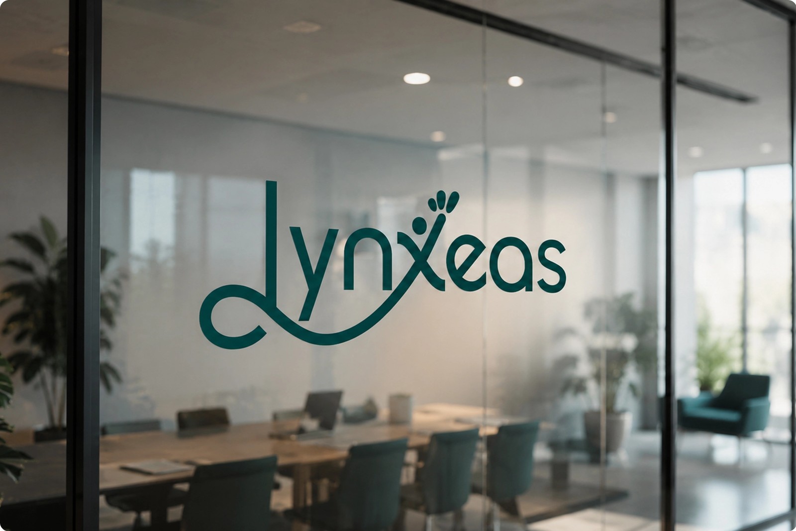 Logo de Lynxeas apposé sur la paroi vitrée d’une salle de réunion moderne aux tons verts.