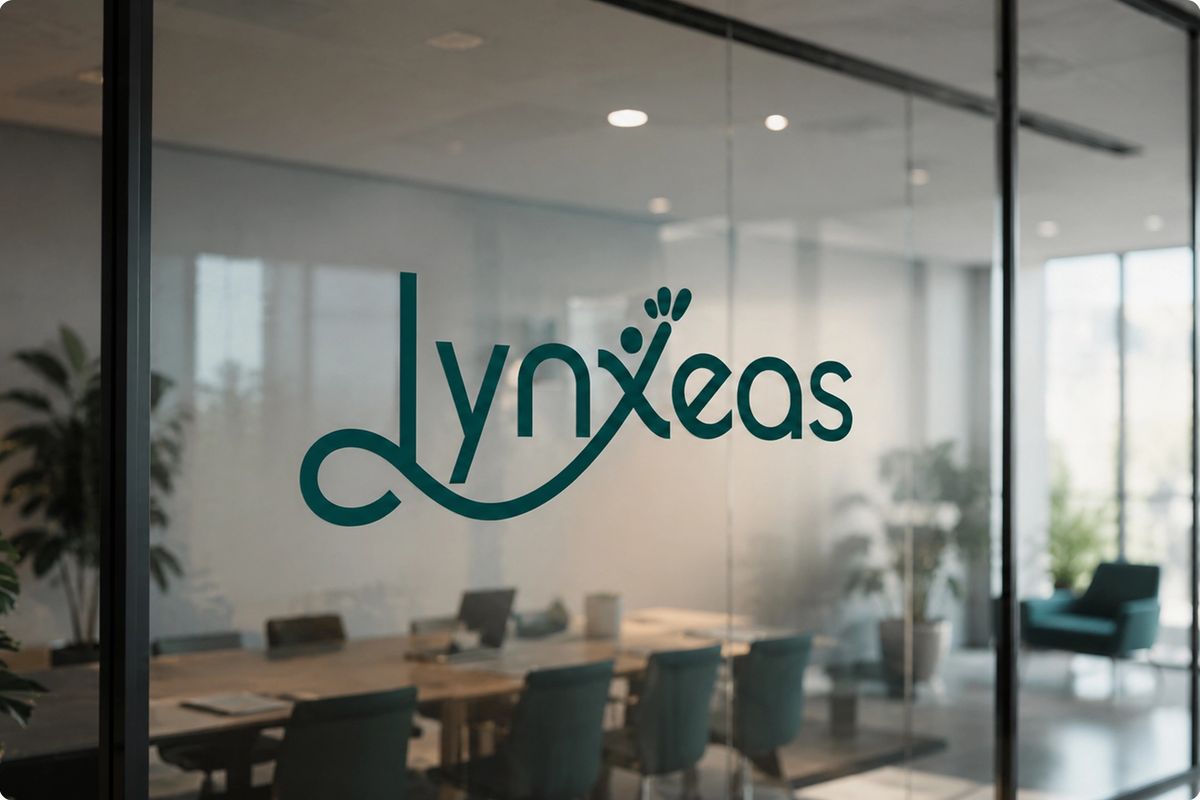 Logo de Lynxeas apposé sur la paroi vitrée d’une salle de réunion moderne aux tons verts.