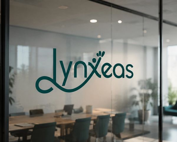 Logo de Lynxeas apposé sur la paroi vitrée d’une salle de réunion moderne aux tons verts.