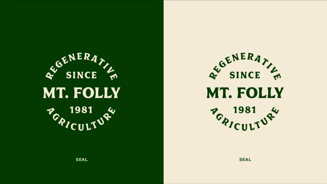 Split in half, the left half is green, center aligned is a circular badge that reads Mt. Folly Regenerative Agriculture since 1981. the right side has the same badge but the colors are reversed.