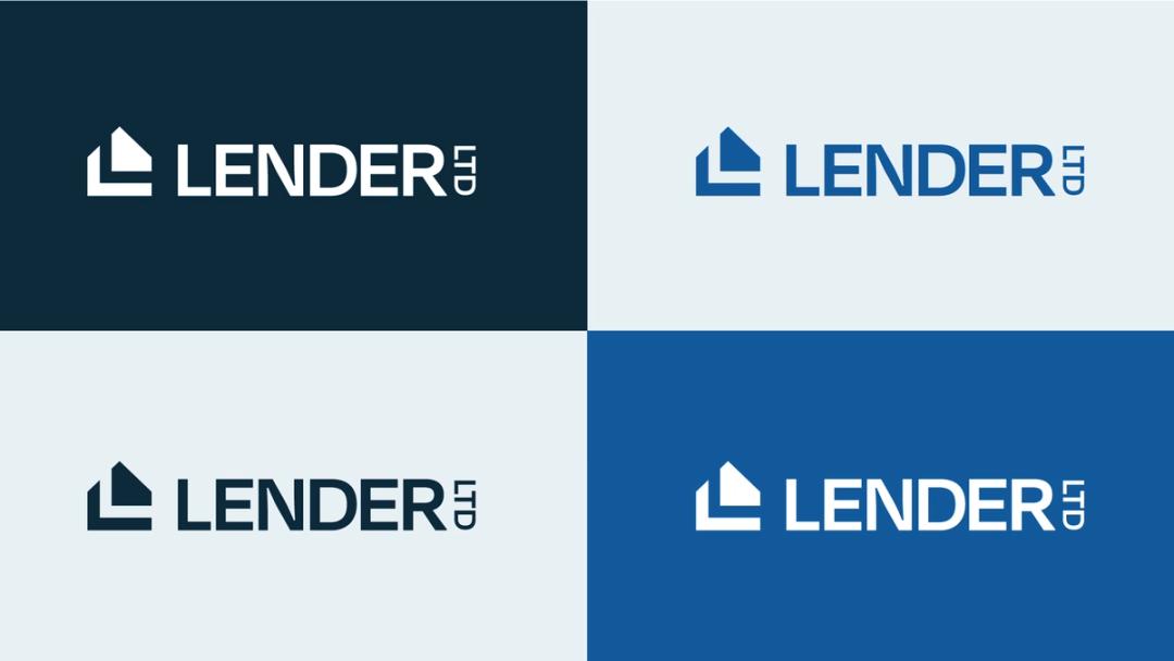 Lender LTD logo on various blue backgrounds