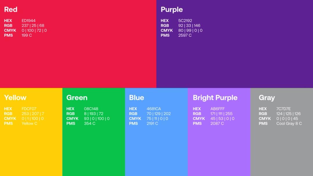 color palette, red, purple, yellow, green, blue, and gray