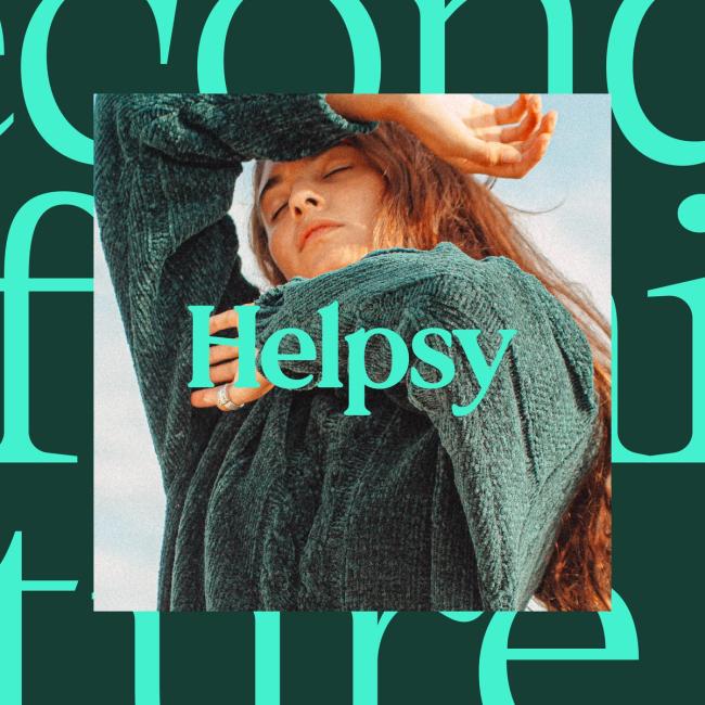Helpsy logo superimposed on image of woman wearing sweater superimposed on green background with large text as a decorate background pattern