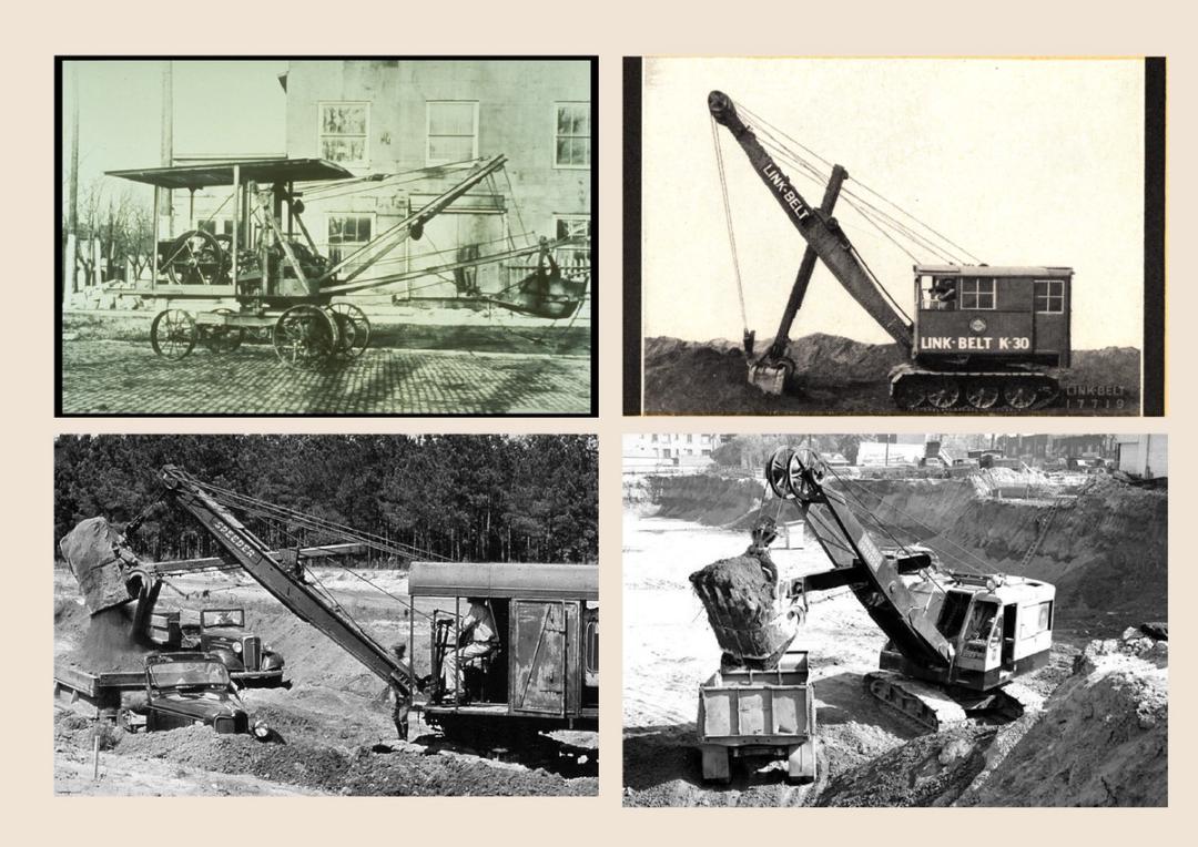 4 black and white photos of old link-belt excavators