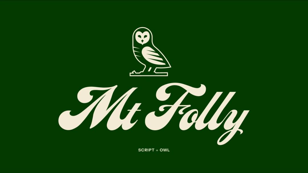 The words mt folly in a loose script with a modern owl symbol center aligned in off white on a green background