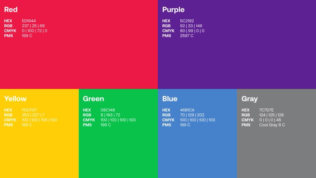 color palette, red, purple, yellow, green, blue, and gray