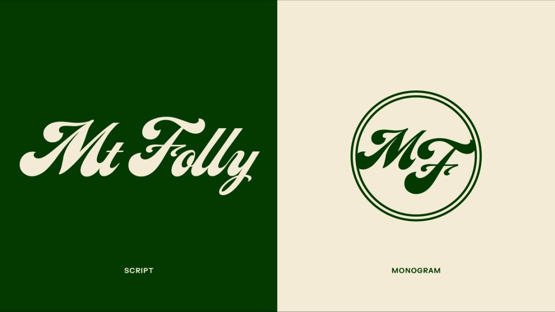 split in half, on the left is a lose script font that says My Folly, it's off white on a green background. On the right, the letters MF in the same script in a circle. Green on an offwhite background.