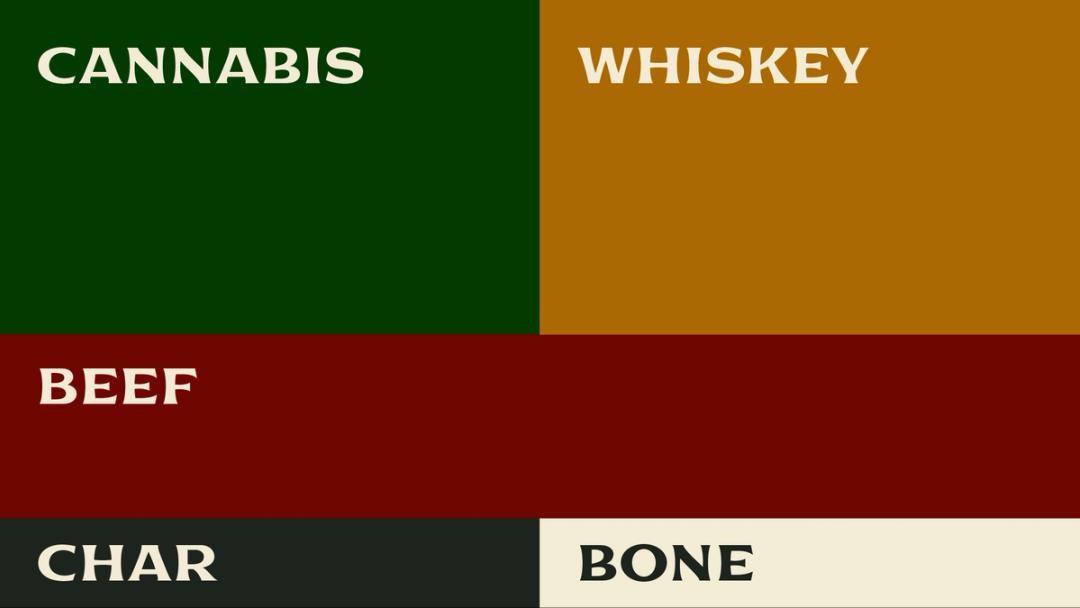 five fields of color, dark green, gold, rich red, dark gray, and off white