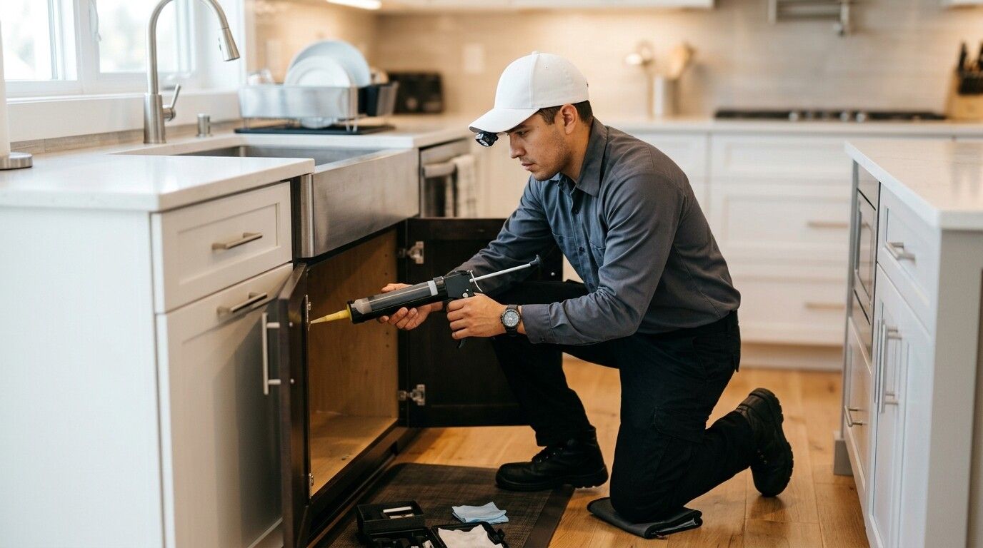 Técnico de fumigación profesional aplicando tratamiento contra cucarachas en una cocina