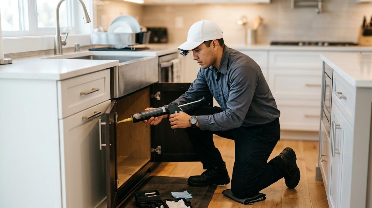 Técnico de fumigación profesional aplicando tratamiento contra cucarachas en una cocina