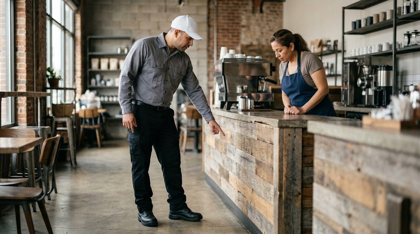 Técnico de control de plagas explicando puntos de riesgo a la dueña de una cafetería