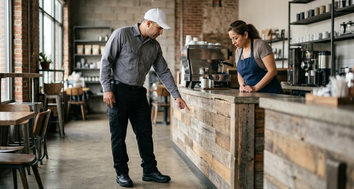 Técnico de control de plagas explicando puntos de riesgo a la dueña de una cafetería