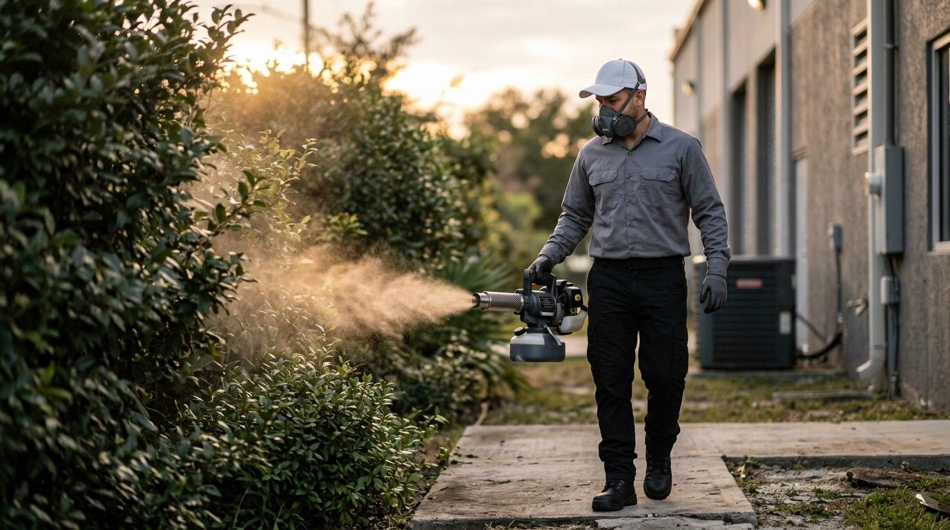 Technician wearing a respirator fogging hedges against mosquitoes at dusk