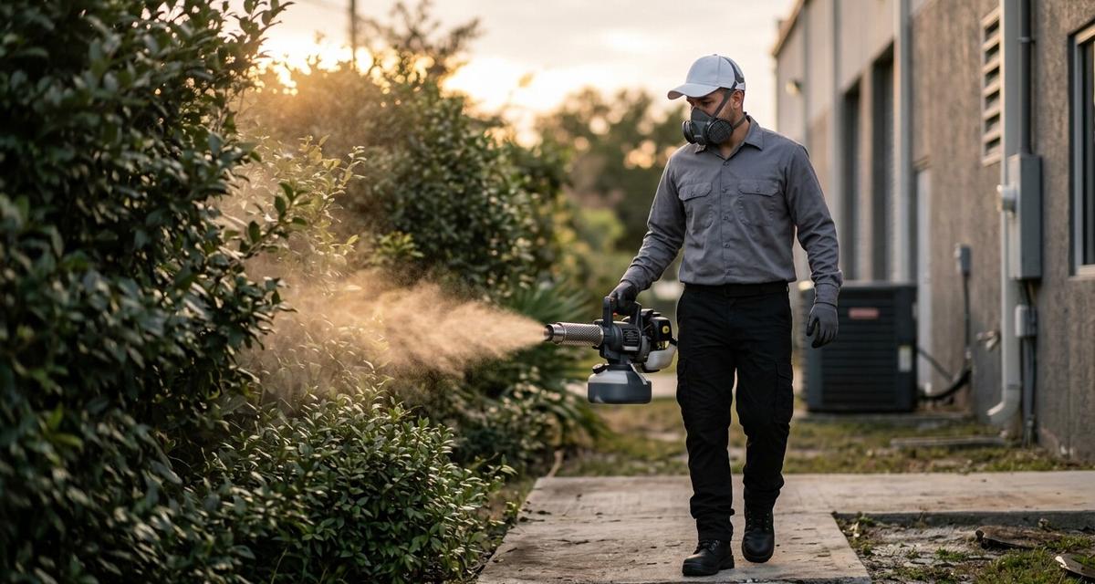 Technician wearing a respirator fogging hedges against mosquitoes at dusk