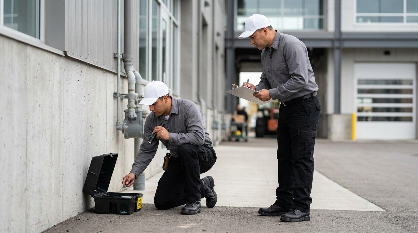 Dos técnicos de control de plagas revisando una estación de cebo para roedores en el exterior de un edificio comercial