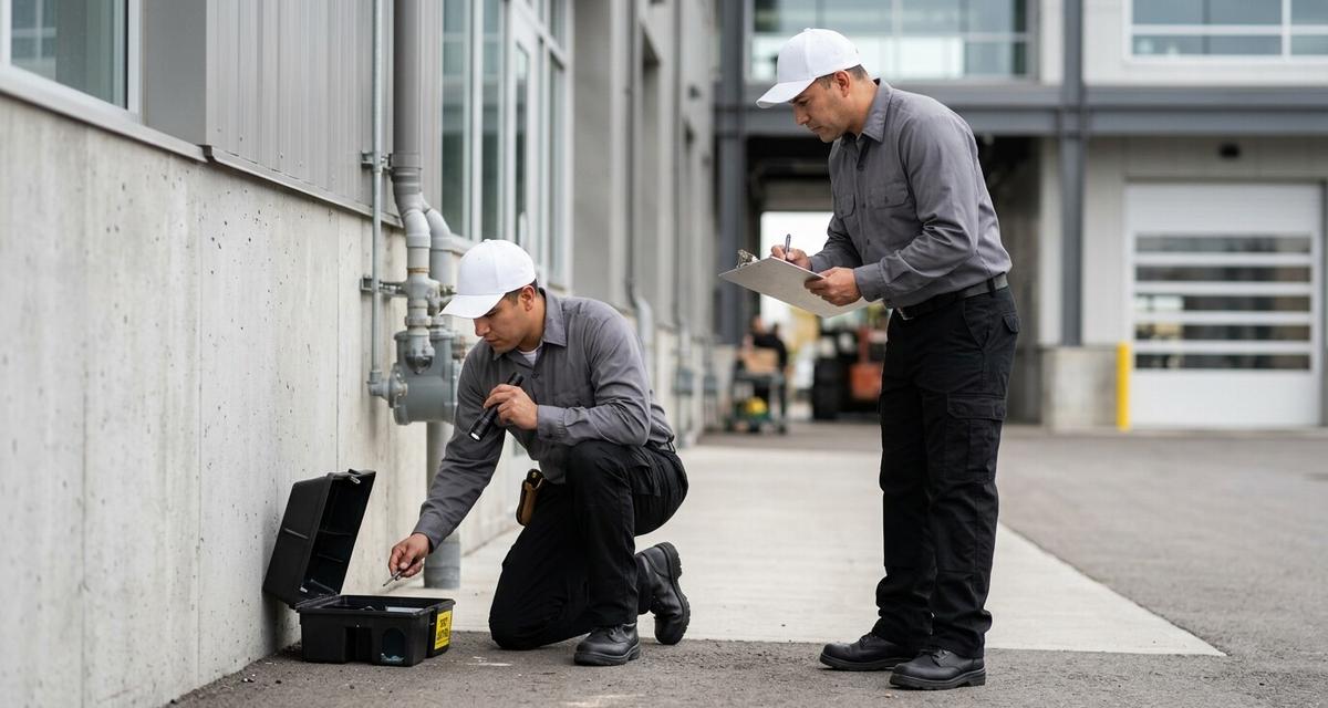 Dos técnicos de control de plagas revisando una estación de cebo para roedores en el exterior de un edificio comercial