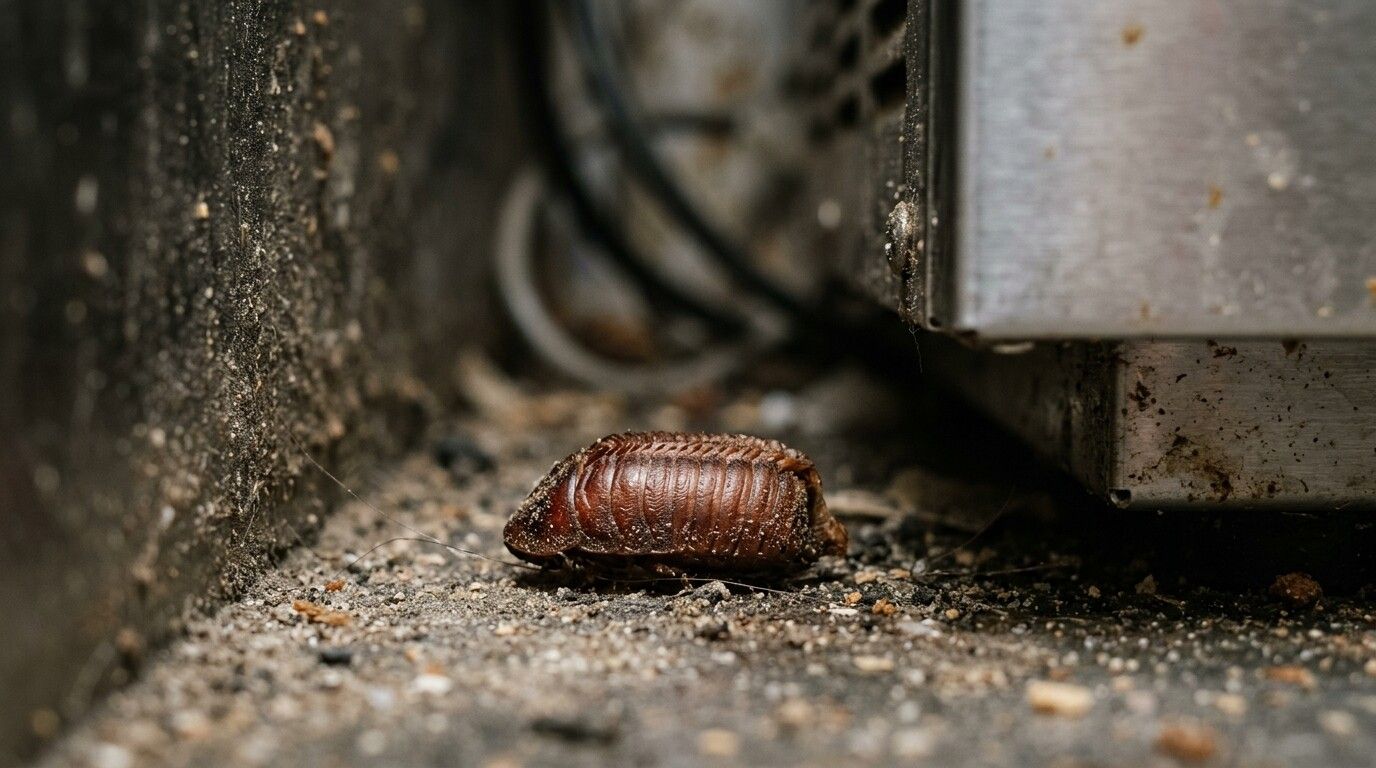 Cockroach ootheca (egg case) in the dusty corner behind a kitchen appliance