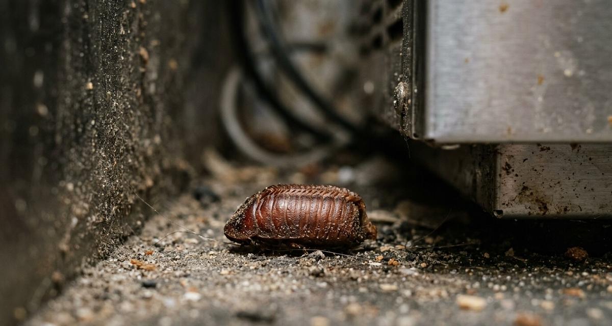 Cockroach ootheca (egg case) in the dusty corner behind a kitchen appliance