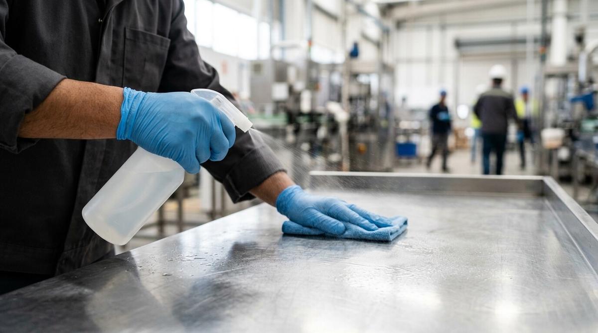 Persona aplicando sanitizante en una superficie de trabajo con guantes y atomizador