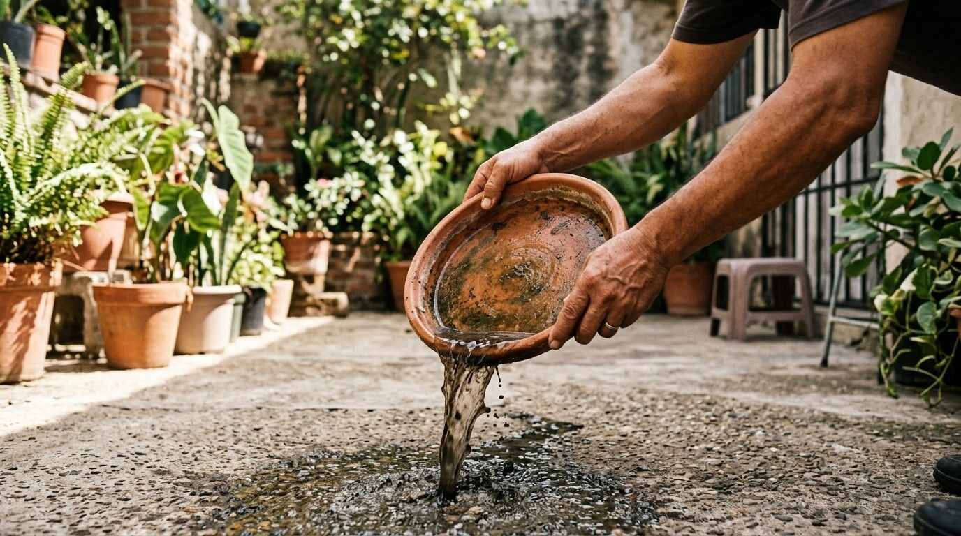 Person emptying standing water from a plant pot saucer in a patio to prevent mosquito breeding