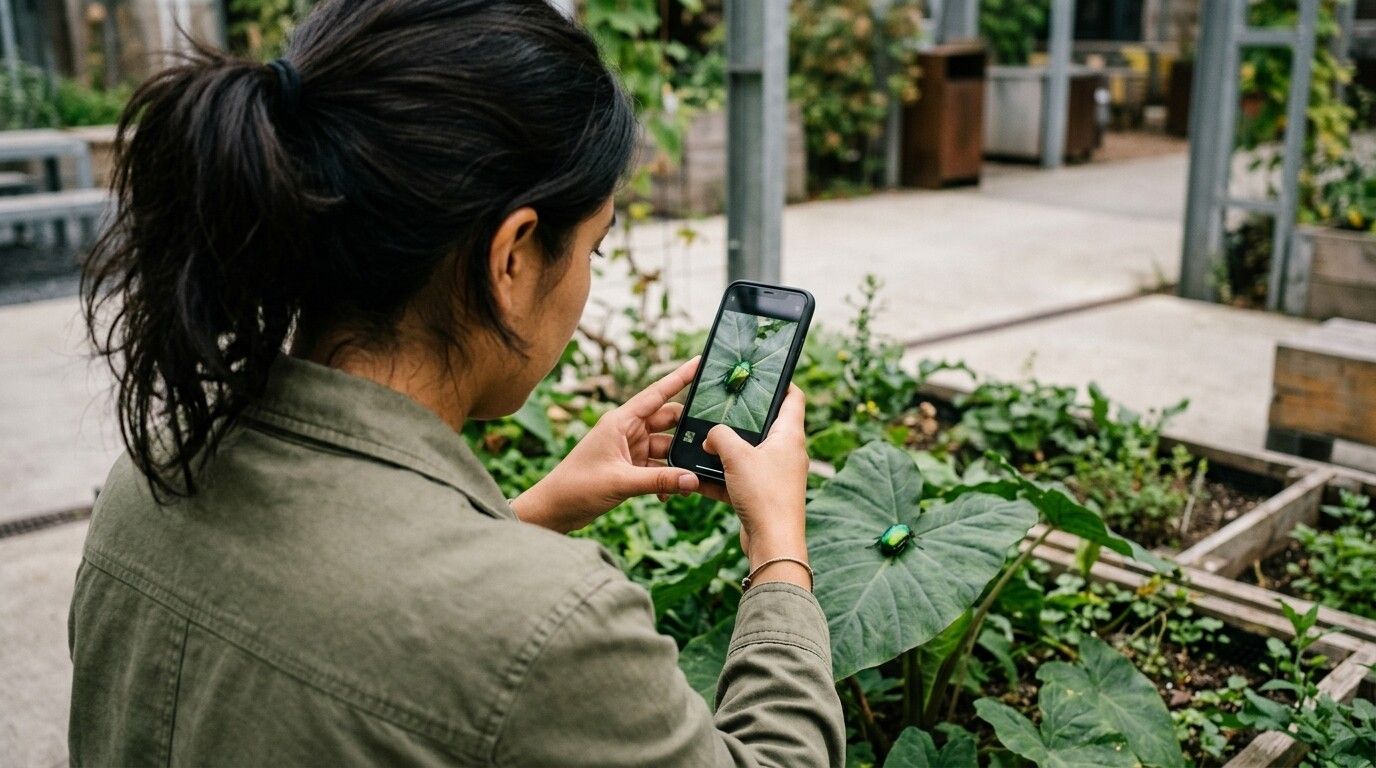 Persona fotografiando con su celular un escarabajo verde sobre una hoja para identificarlo