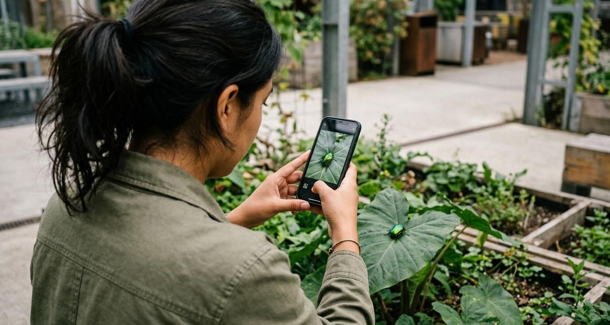 Persona fotografiando con su celular un escarabajo verde sobre una hoja para identificarlo
