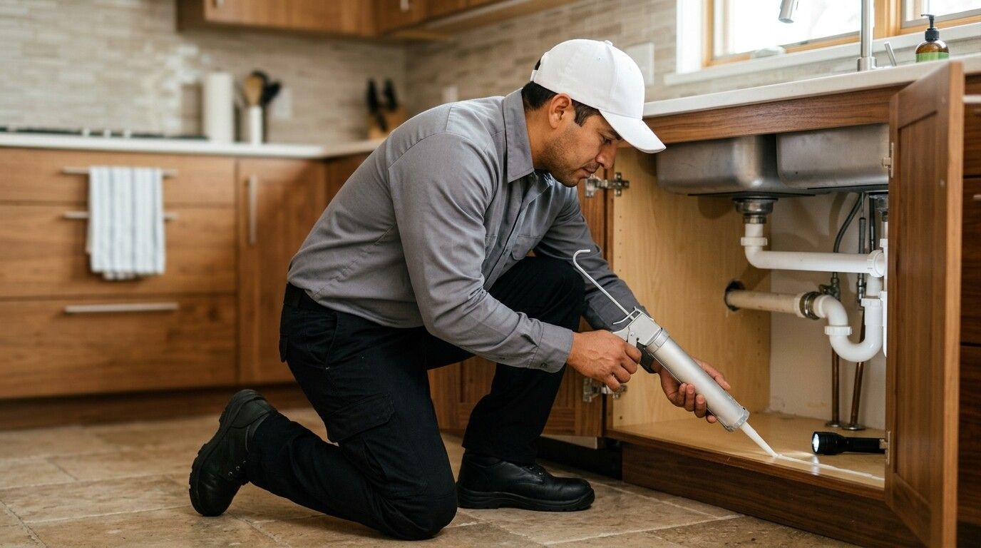 Technician caulking the pipe gap under a kitchen sink to keep cockroaches out