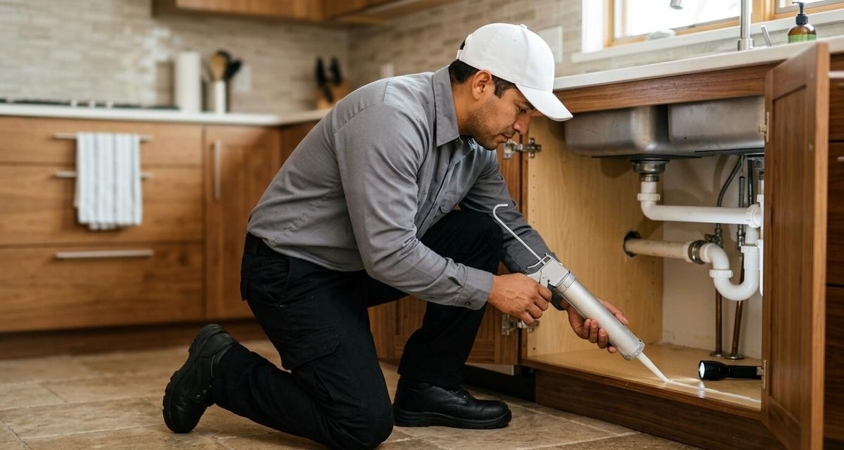 Technician caulking the pipe gap under a kitchen sink to keep cockroaches out