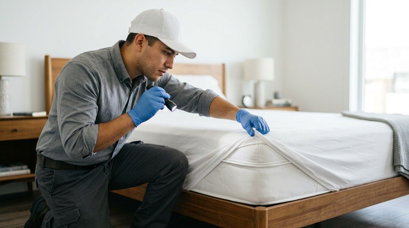 Técnico con guantes inspeccionando con linterna la costura de un colchón en busca de chinches
