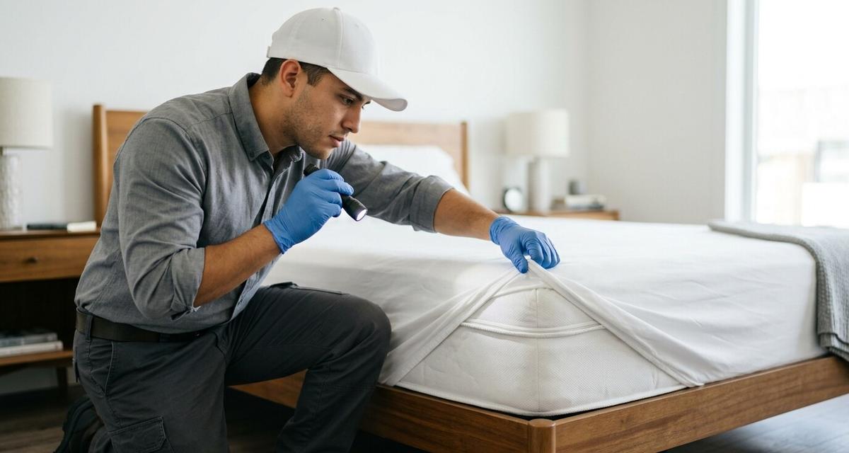 Técnico con guantes inspeccionando con linterna la costura de un colchón en busca de chinches