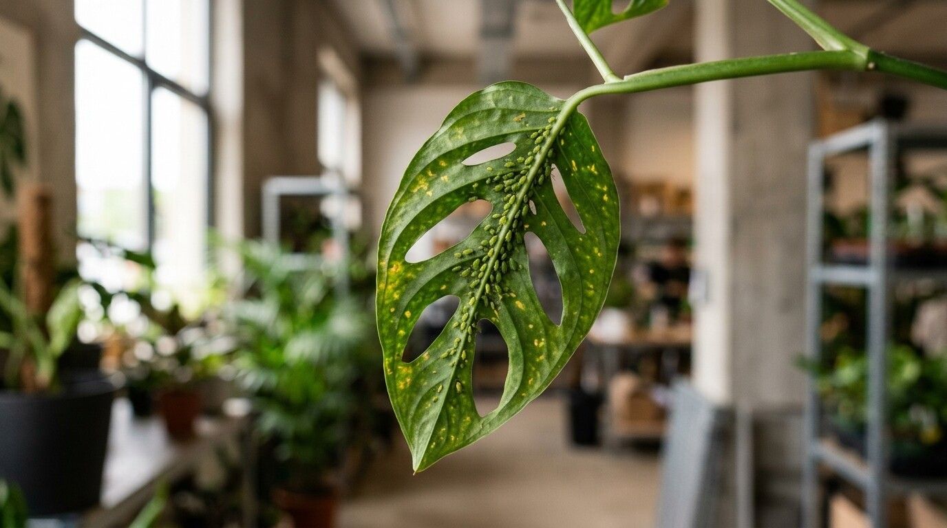 Hoja de planta de interior con pulgones visibles y manchas amarillas, señal de infestación de plagas