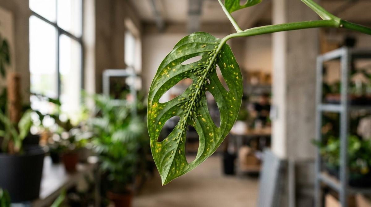 Hoja de planta de interior con pulgones visibles y manchas amarillas, señal de infestación de plagas