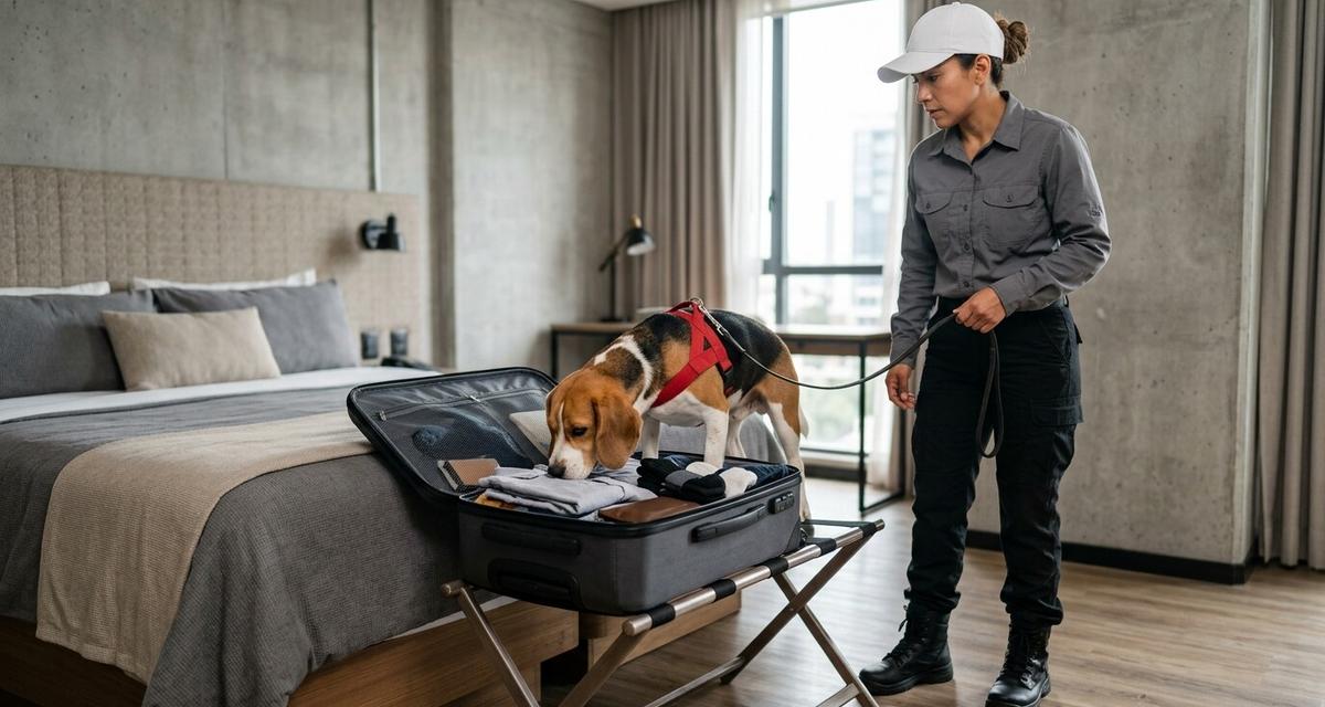 Perro beagle detector de chinches olfateando una maleta en una habitación de hotel junto a su manejadora