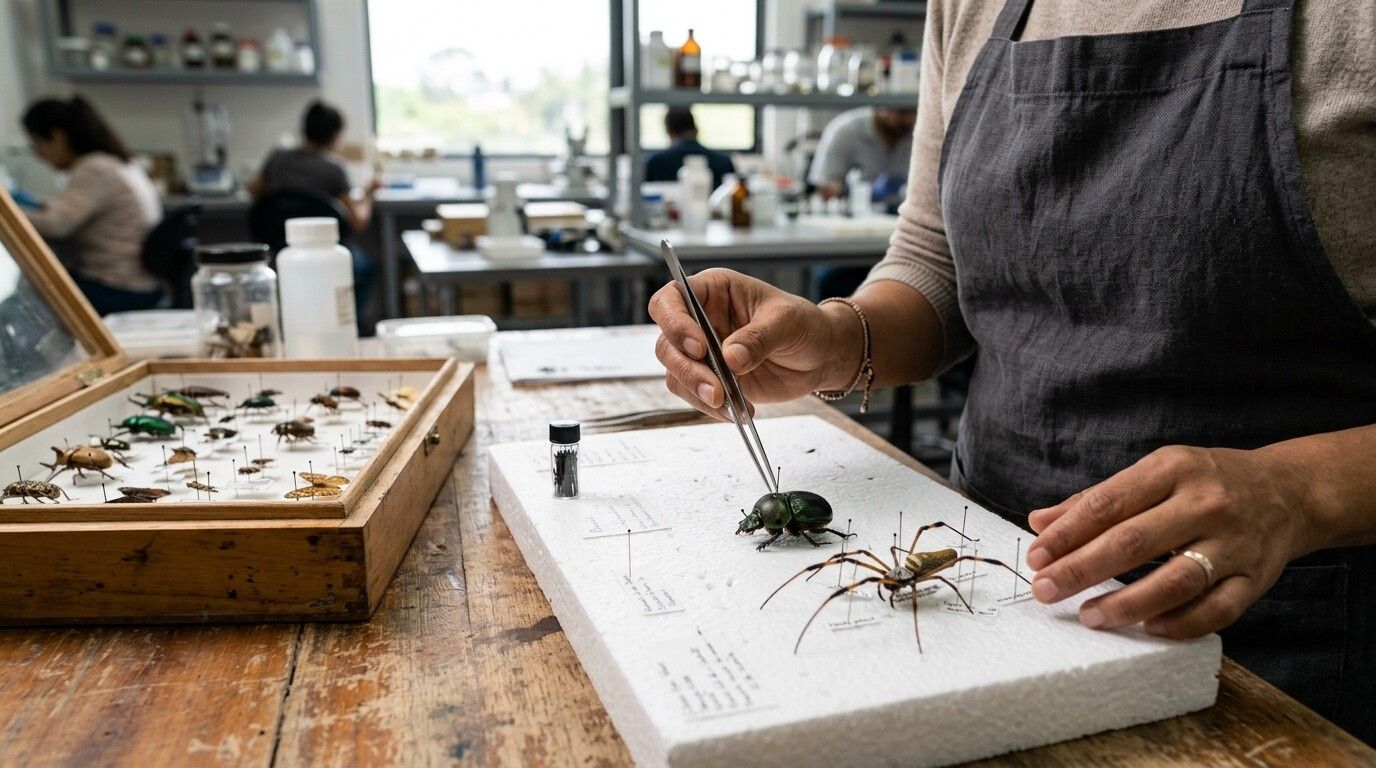 Montaje entomológico de un escarabajo y una araña con pinzas y alfileres junto a una caja de colección