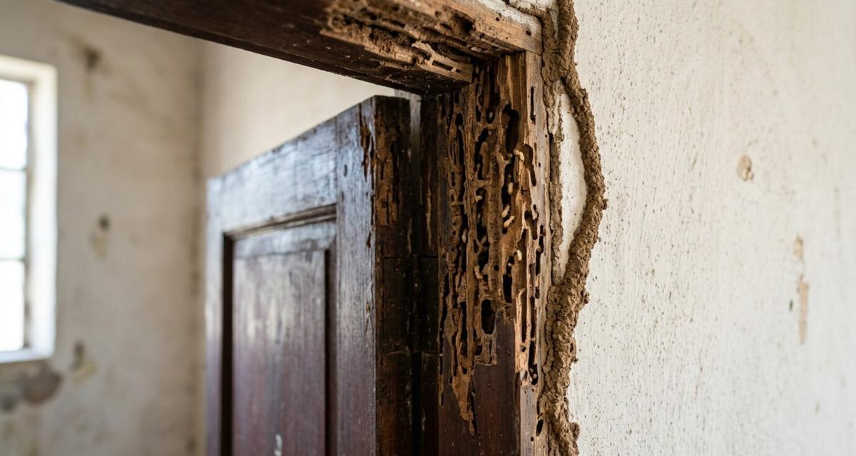 Wooden door frame damaged by termites with galleries and mud tubes on the wall