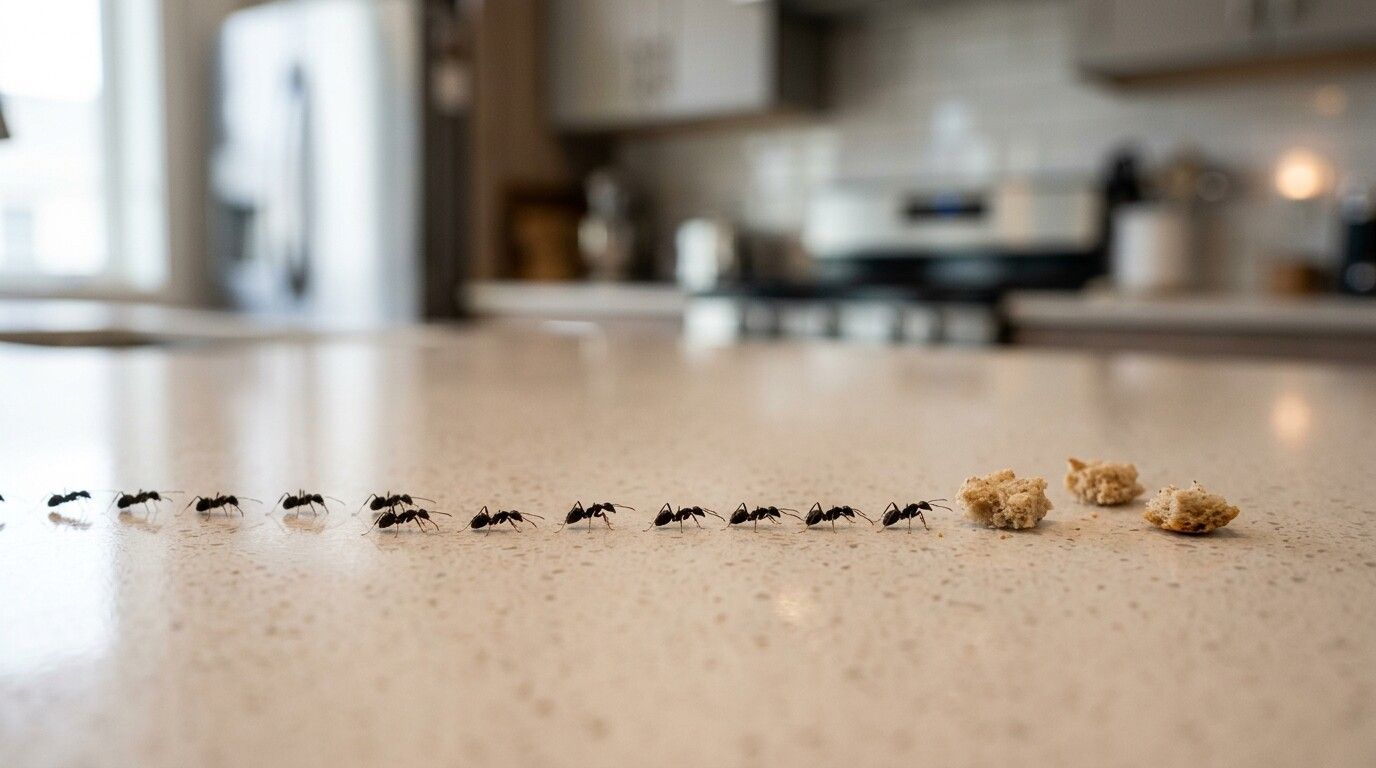 Ants walking in a line on a kitchen surface, near food crumbs.
