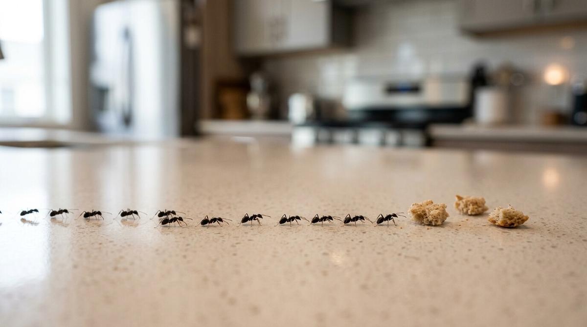 Ants walking in a line on a kitchen surface, near food crumbs.
