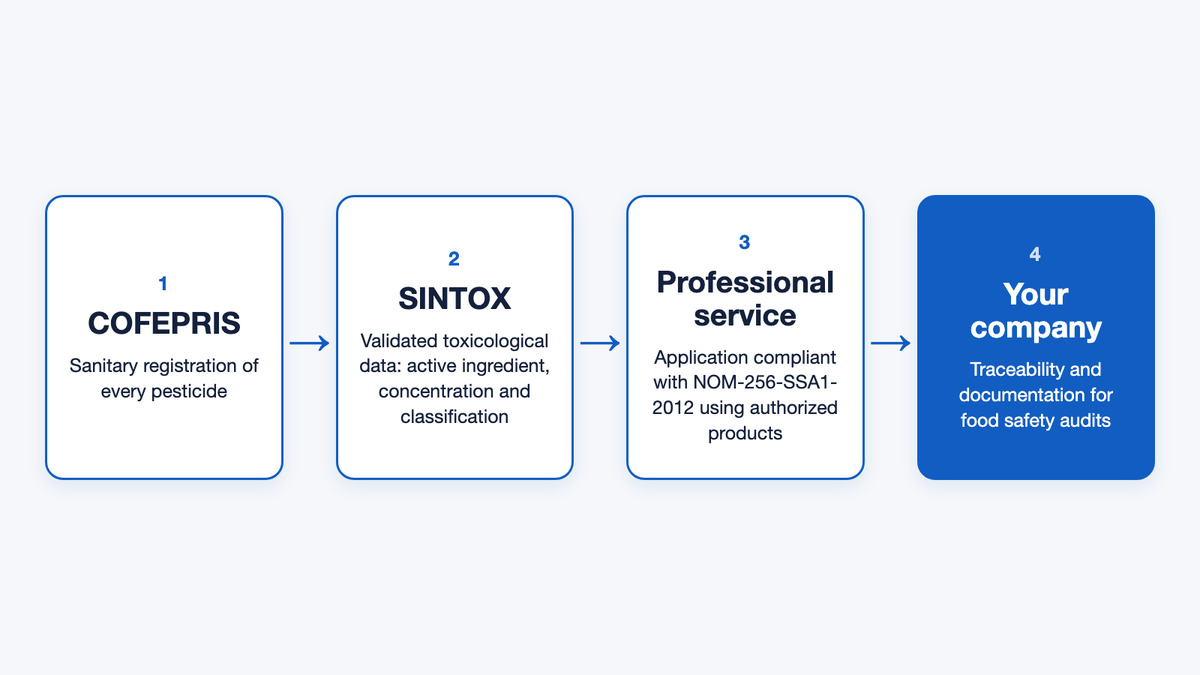 Diagram of the regulatory compliance flow in pest control with SINTOX and COFEPRIS