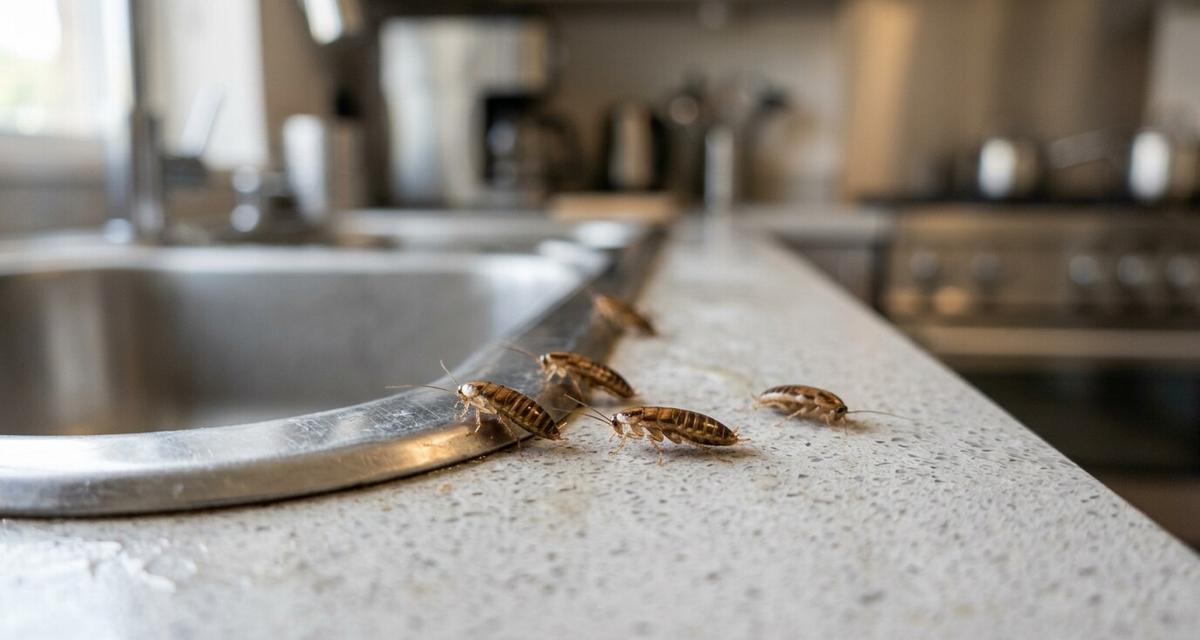 Ninfas de cucaracha caminando sobre una barra de cocina junto al fregadero