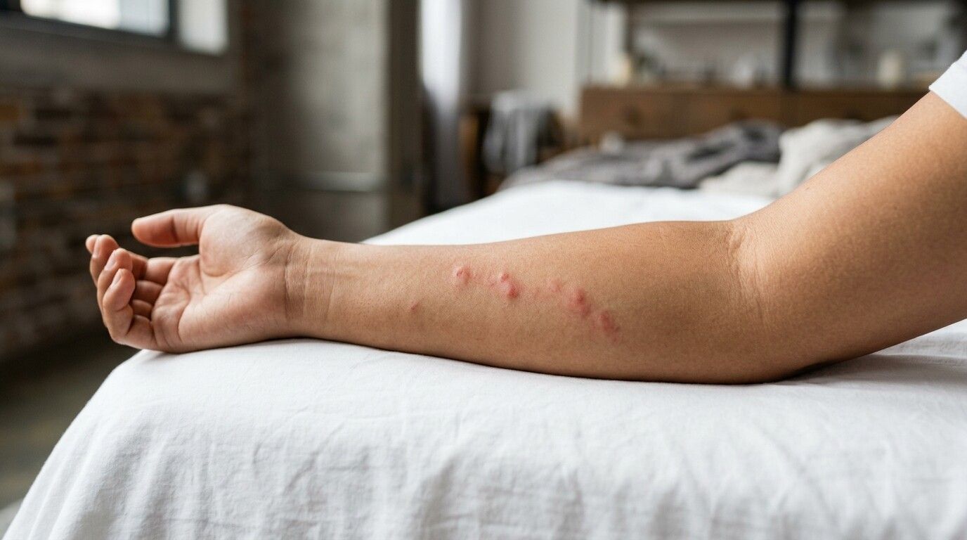 Antebrazo con ronchas rojas de picaduras de chinche alineadas en fila